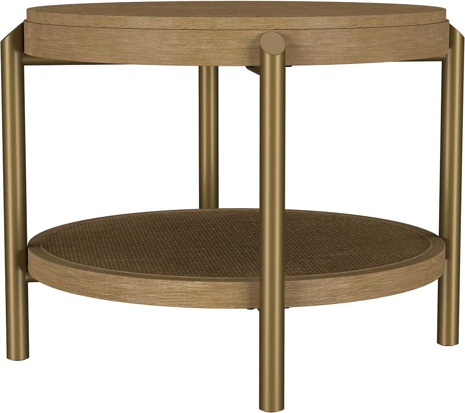 Coaster Home Furnishings - Arini - Wood and Metal - Round End Table with Dual-Tier Design, Woven Rattan Shelf and Aged Brass Legs - Living Room - 26-Inch - Sand Wash - 706187