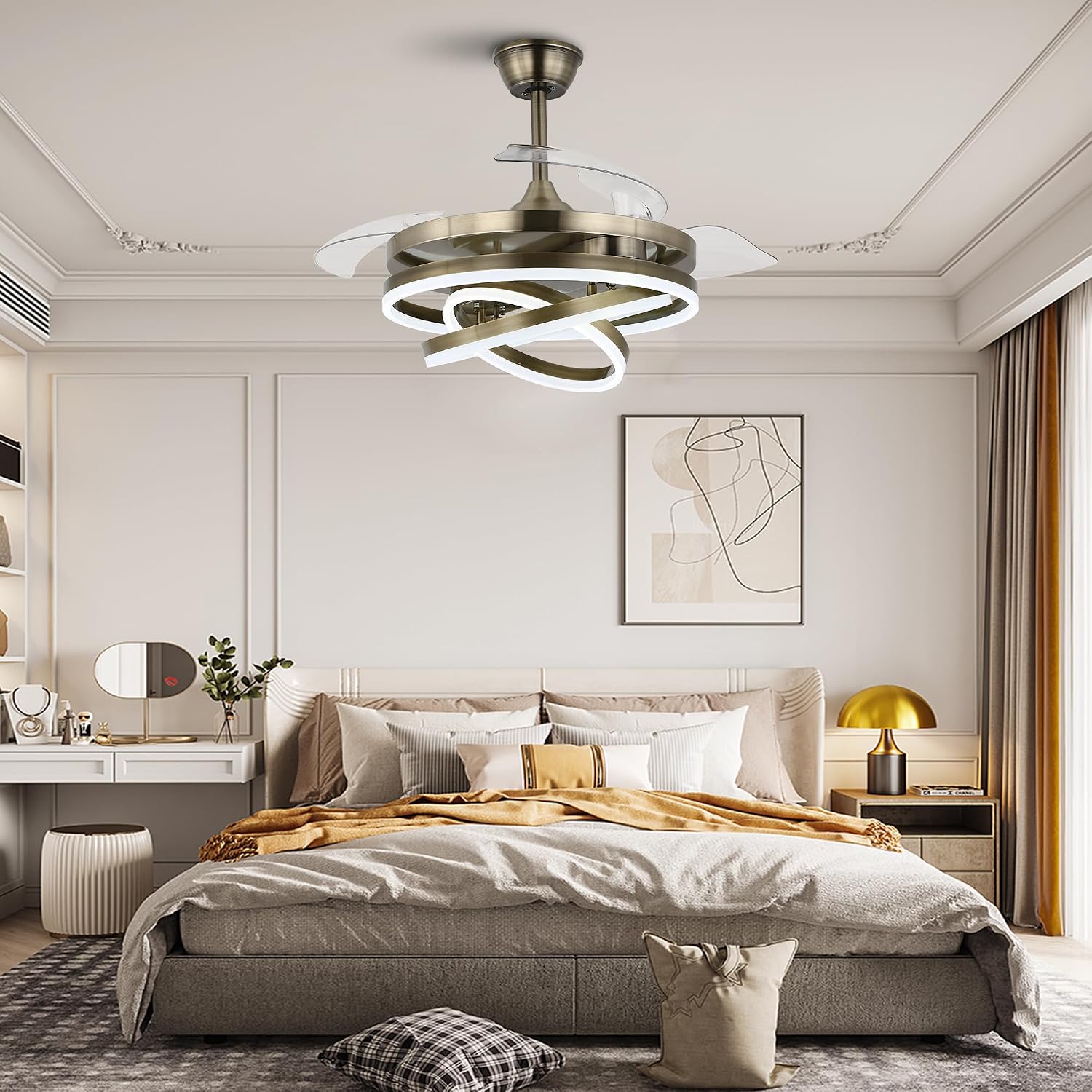 42' Retractable Fandelier Ceiling Fan with Lights Remote - Silent Dimmable Modern 6 Speed LED Chandelier Fan for Bedroom Living Room Kitchen