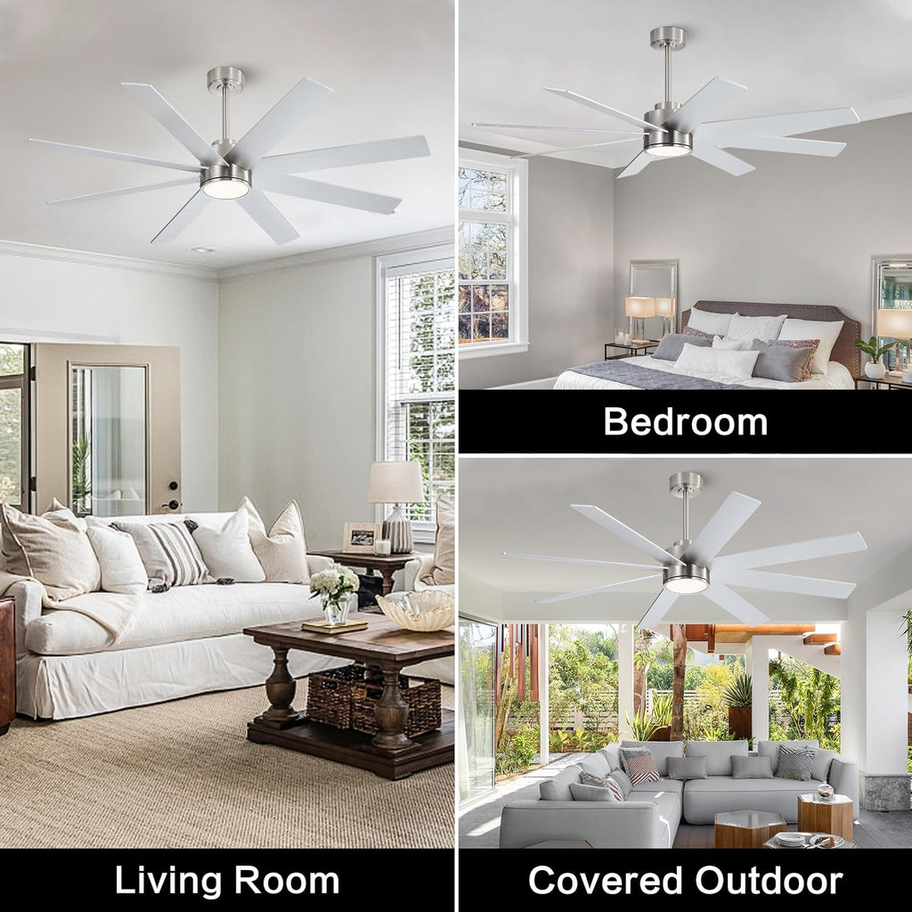 WINGBO 60' Large DC Ceiling Fans with Lights and Remote, 3 Downrods, 8 Plywood Blades, 6-Speeds Reversible DC Motor, 3CCT, Indoor Ceiling Fan for Bedroom Living Room Patio, Brushed Nickel and Silver