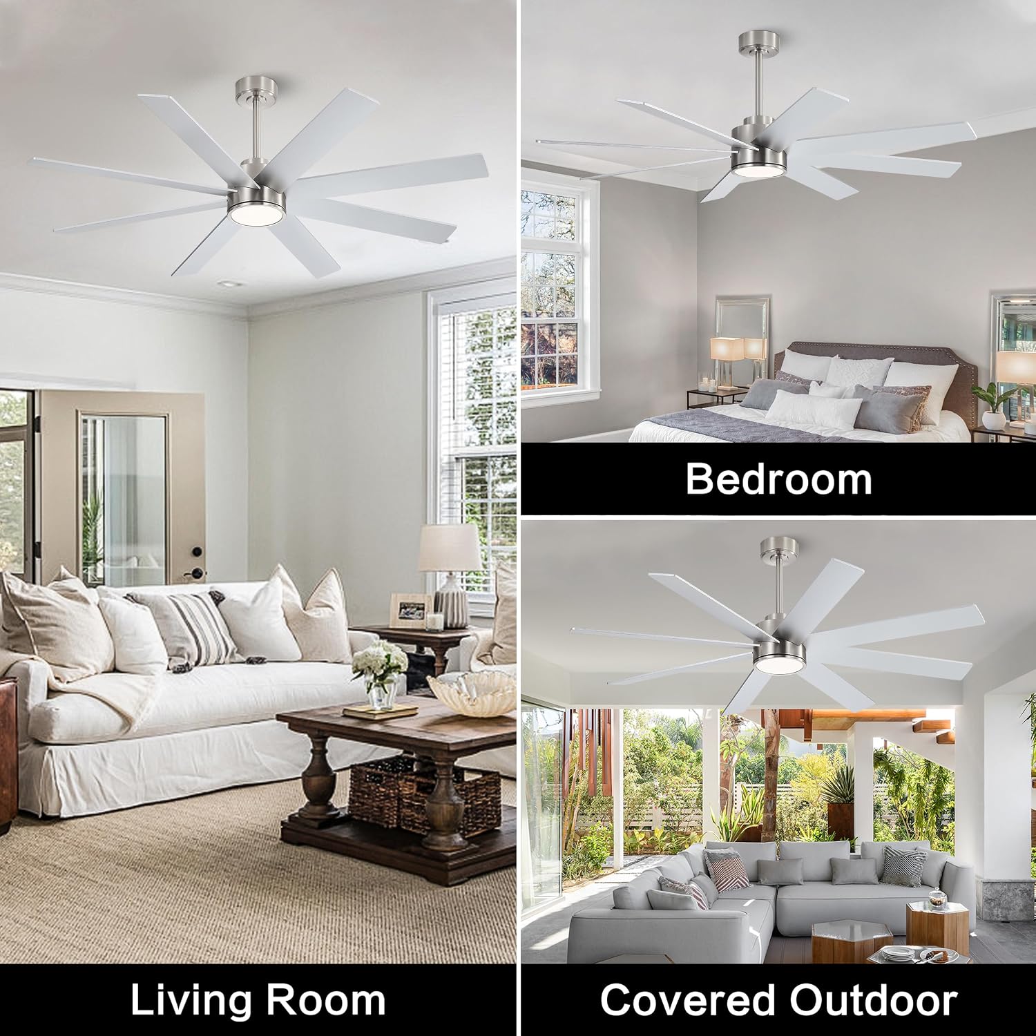 WINGBO 60' Large DC Ceiling Fans with Lights and Remote, 3 Downrods, 8 Plywood Blades, 6-Speeds Reversible DC Motor, 3CCT, Indoor Ceiling Fan for Bedroom Living Room Patio, Brushed Nickel and Silver
