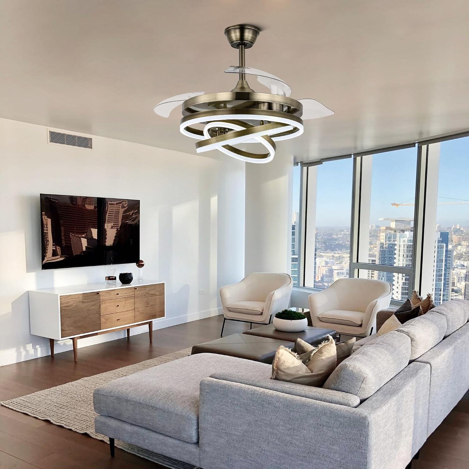 42' Retractable Fandelier Ceiling Fan with Lights Remote - Silent Dimmable Modern 6 Speed LED Chandelier Fan for Bedroom Living Room Kitchen