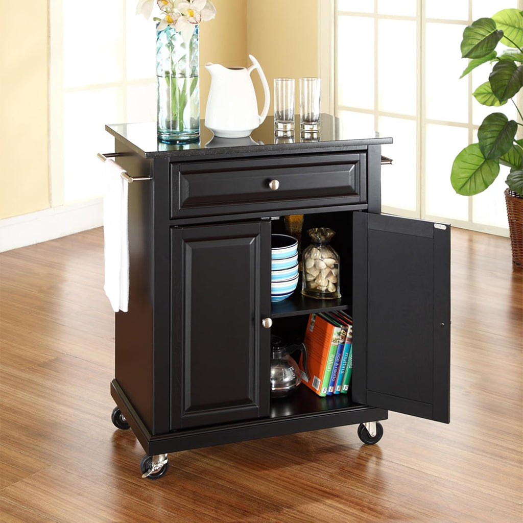 Crosley Furniture Compact Granite Top Small Rolling Cart with Shelves, Microwave Stand with Towel Rack, Black