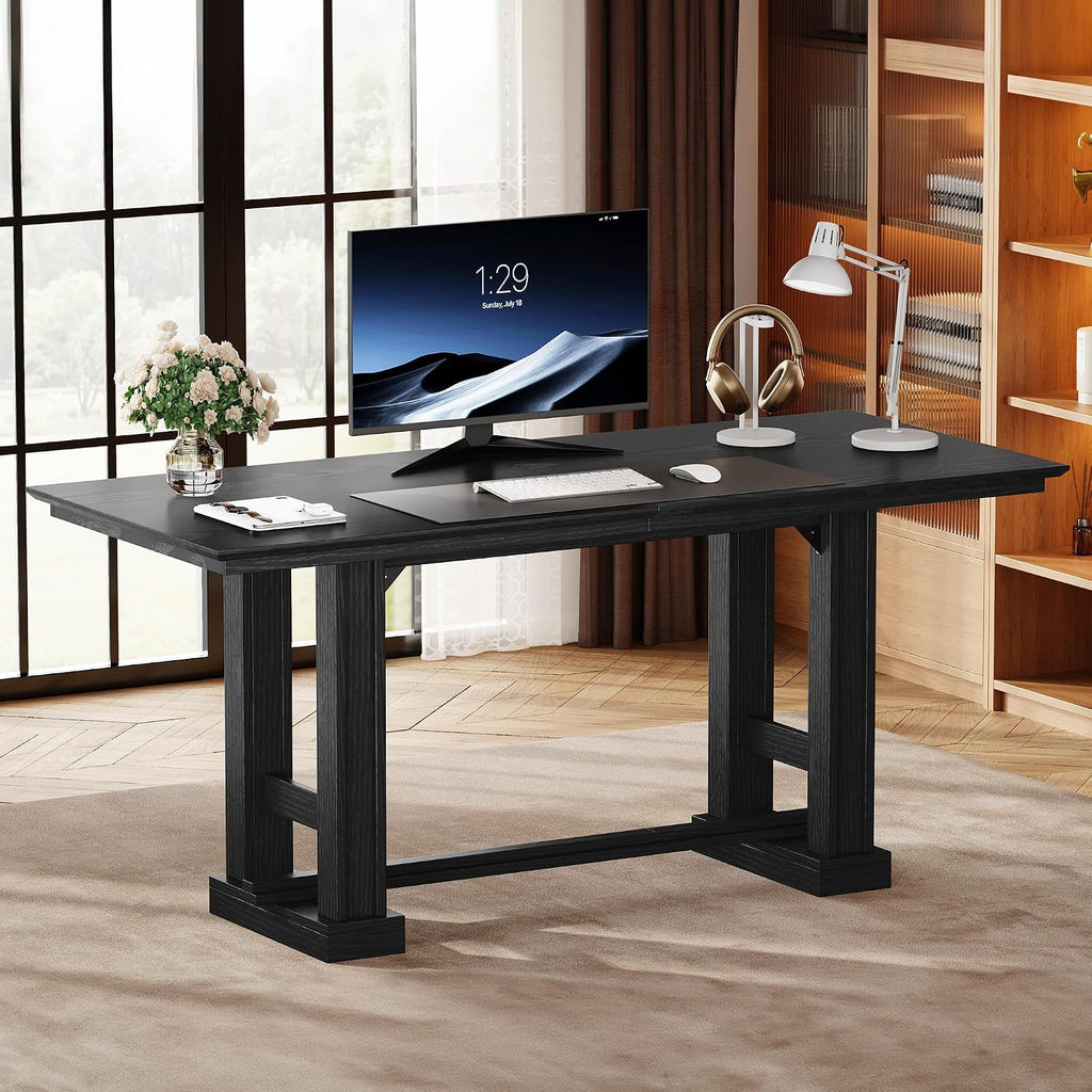 DWVO 70 Inch Computer Desk, Large Executive Office Table Workstation, Modern Farmhouse Style Laptop Wooden Sturdy Legs Writing Desk Business Furniture for Home, Black