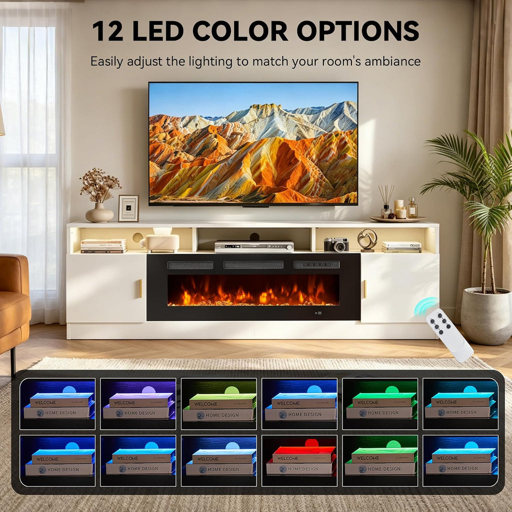 70' Fireplace TV Stand with Power Outlet, Electric Fireplace Entertainment Center with Storage Cabinets, Fits TVs up to 80', TV Console with LED Lights for Living Room, Office, White-Black