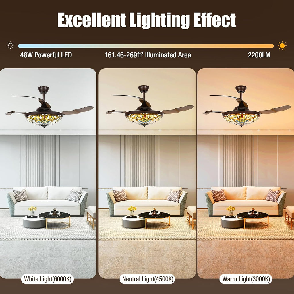 42' Tiffany Style Retractable Ceiling Fan Light Invisible Ceiling Fan Retro Stained Glass LED Dimmable Chandelier with Remote 3-Color Changes and 6-Speed for Home, Bar, Restaurant, Hotel, Cafe