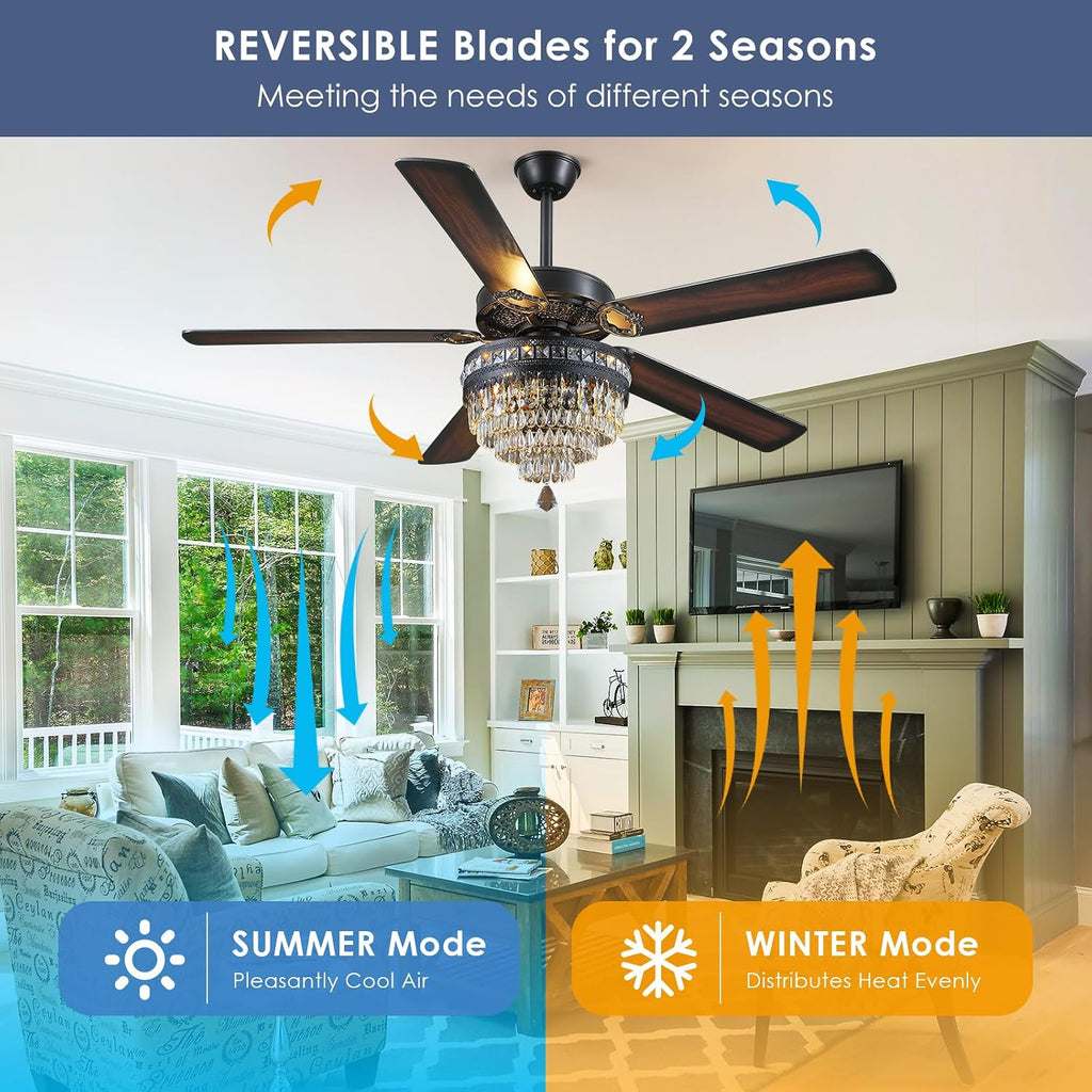 Asyko 62' Crystal Ceiling Fan Fandelier with Lights - Black Modern Crystal Chandelier Fans with Remote Control，Noiseless DC Motor, Retro/Farmhouse Lighting, Dining Room， Living Room