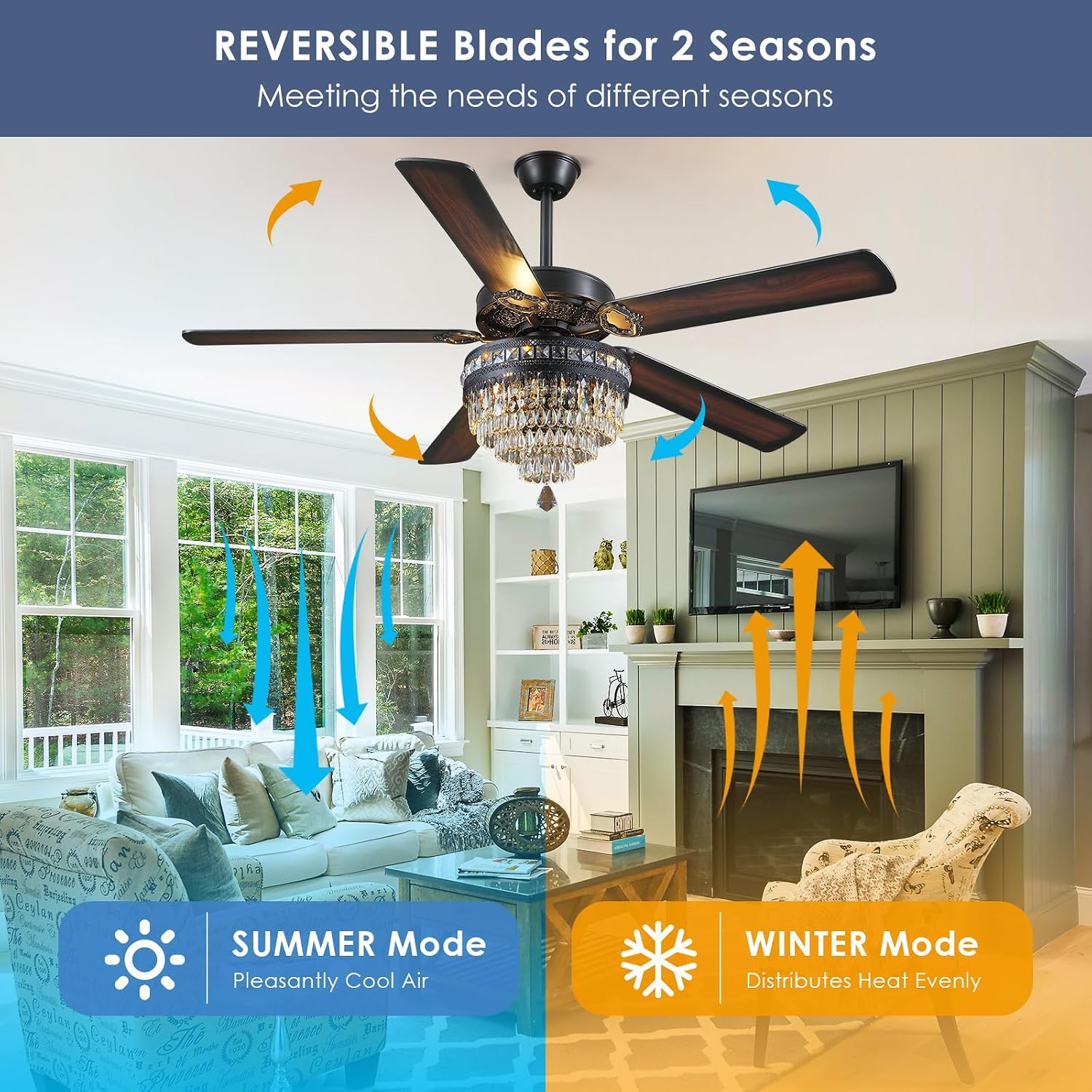 Asyko 62' Crystal Ceiling Fan Fandelier with Lights - Black Modern Crystal Chandelier Fans with Remote Control，Noiseless DC Motor, Retro/Farmhouse Lighting, Dining Room， Living Room