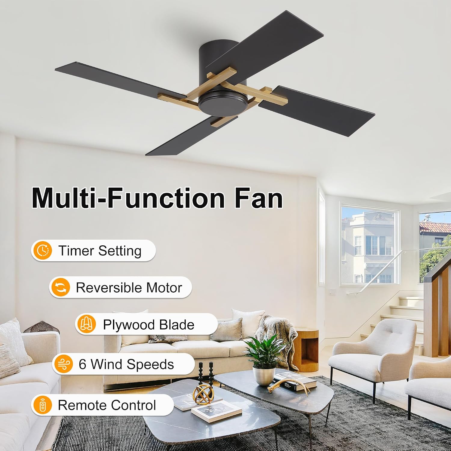WINGBO 48 Inch Flush Mount Ceiling Fan without Light - 4 Plywood Blades, 6-Speed Reversible DC Motor, Noiseless Low Profile Ceiling Fan No Light for Bedroom Living Room, Gold and Black/Walnut