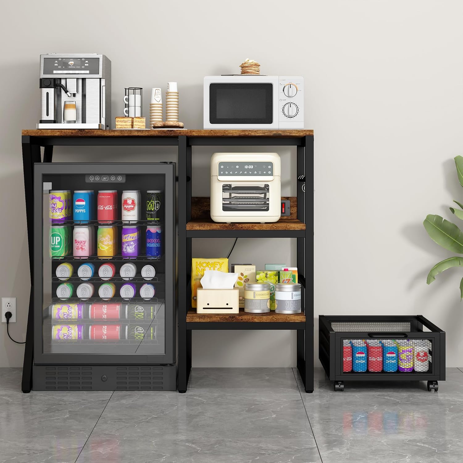 Beverage & Wine Fridge Stand with Movable Basket, Coffee Bar Cabinet with Mini Fridge Space and Power Outlet, Kitchen Storage Organizer with Worktop, Microwave Oven Stand Rack for Home, Dorm, Office