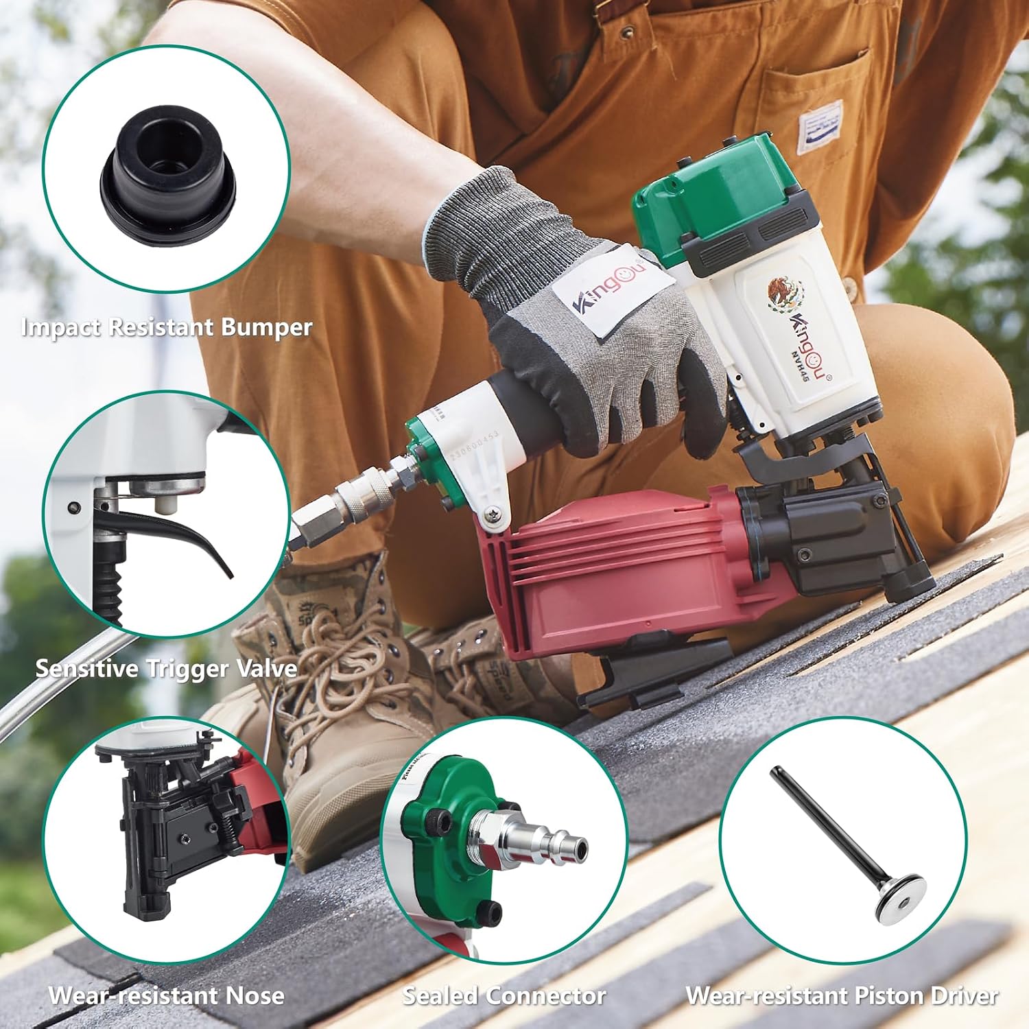 Kingou Mexican Style NVH45 Roofing Nail Gun For Roofing Constructions Accepts 7/8-Inch to 1-3/4-Inch Nails 15 Degree With 3/8 NPT Air Connector 120-pcs Load Capacity Roofing Nailer