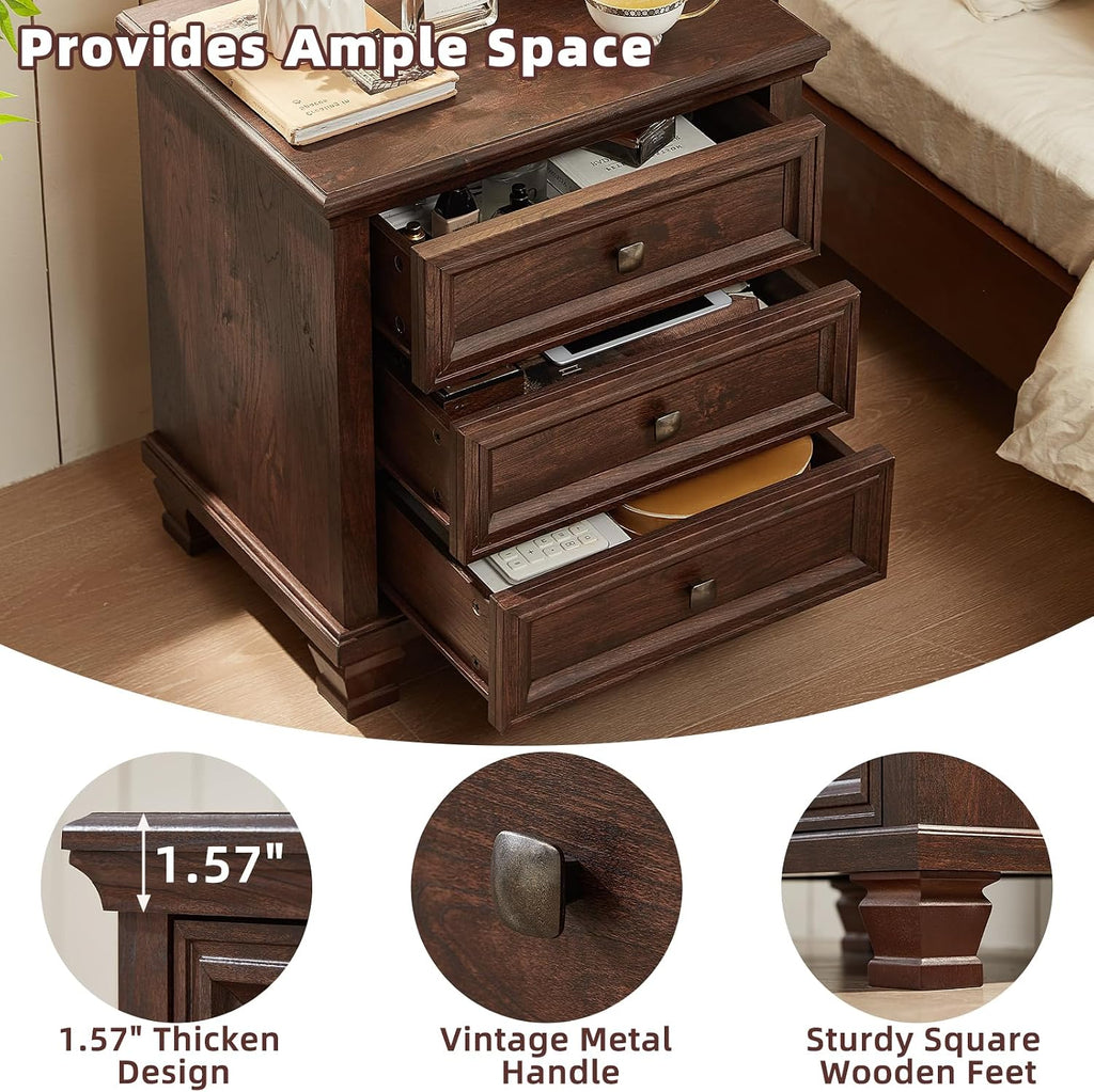 SAVOR LIFE Farmhouse Nightstand with 3 Drawers, Rustic Couch End Table with 4 Square Solid Wood Legs, Mid-Century Modern Bed Side Table with Storage, Small Dresser for Bedroom, Living Room, Walnut