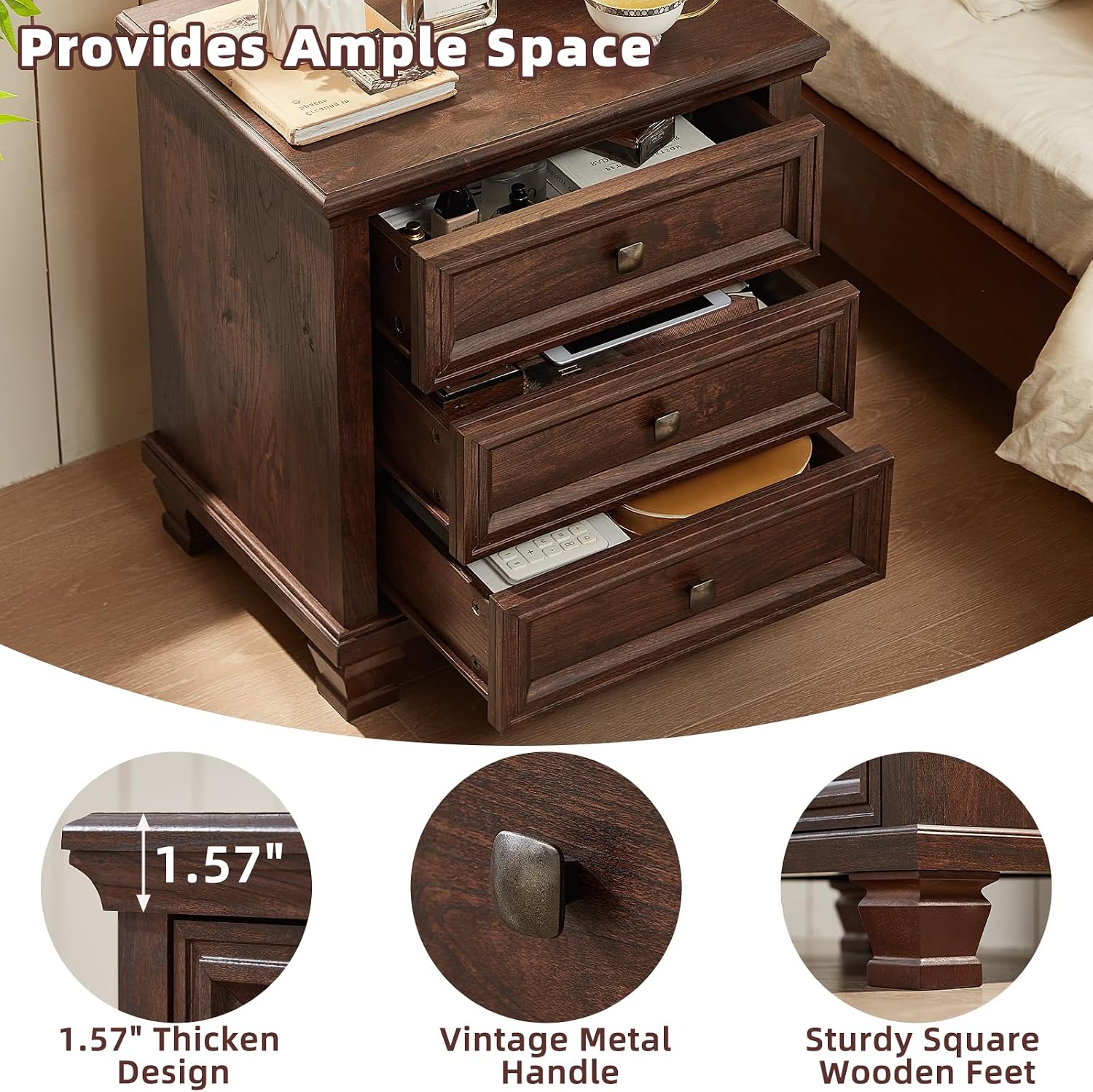 SAVOR LIFE Farmhouse Nightstand with 3 Drawers, Rustic Couch End Table with 4 Square Solid Wood Legs, Mid-Century Modern Bed Side Table with Storage, Small Dresser for Bedroom, Living Room, Walnut