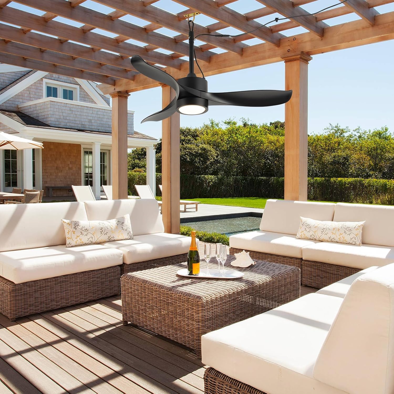 TIFEROR 42' Outdoor Ceiling Fan with Light and Remote, IP65 Waterproof Ceiling Fan for patios, Plug In with Hanging and Hook, 3-Colors LED, Lighting for Pergola, Canopy, Porch, Gazebo