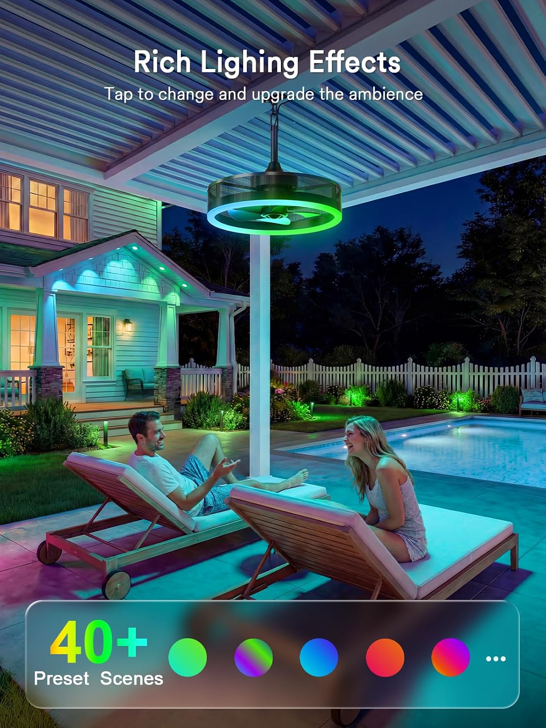 Lumary Smart Outdoor Ceiling Fans with RGBAICW Lights Pro, Wi-Fi Bluetooth Connect, 40+ Scene, Work with Alexa Google, Waterproof Plug in Caged Fan with Hook/Remote/APP Control for Patios Gazebo, 20in