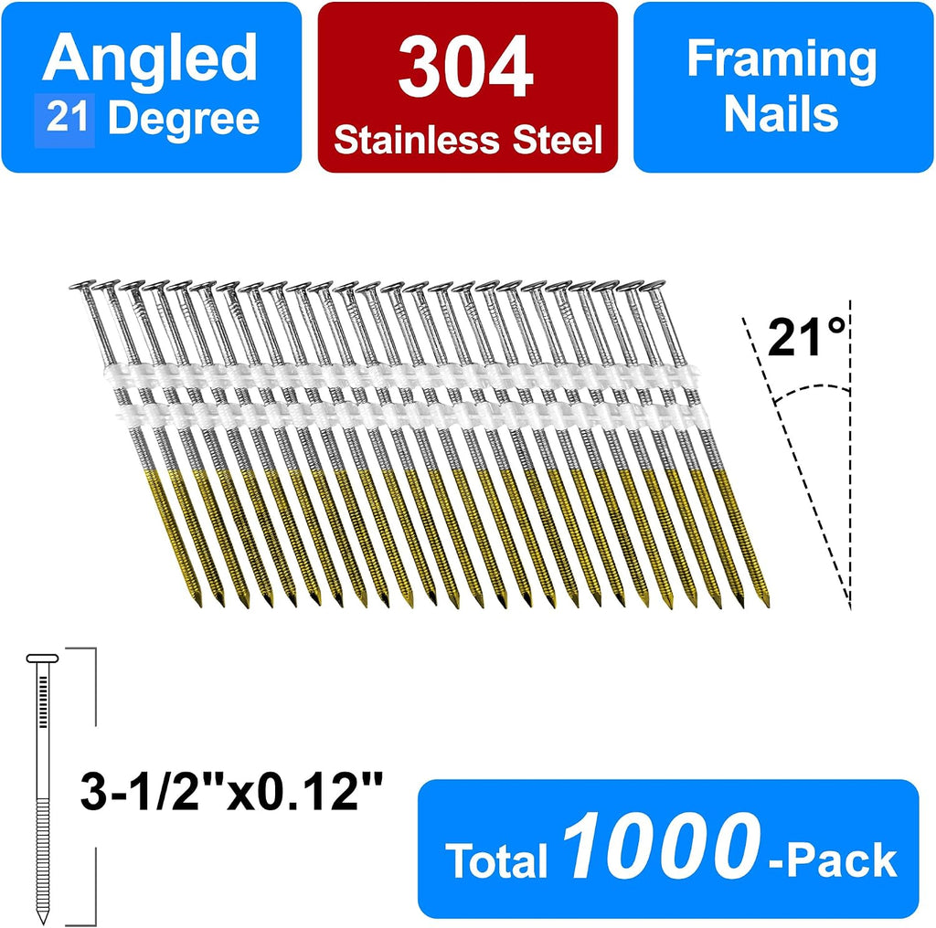 Framing Nails 304 Stainless Steel 21° Full Round Head Nail 21 Degree Ring 3-1/2' Shank Nail for Pneumatic, Electric 21 degree Framing Nailer (3-1/2' - 1000 pcs)