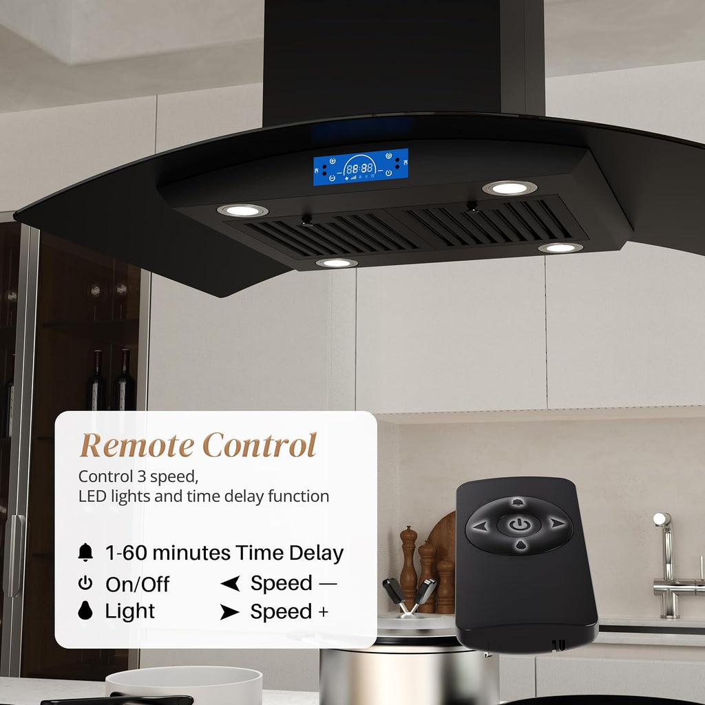 FIREGAS Black Island Range Hood 36 Inch, 700 CFM Ductless/Ducted Ceiling Mount Range Hood with 3 Speed Fan, Gesture, Remote & Touch Control, LED Light Vent Hood for Kitchen