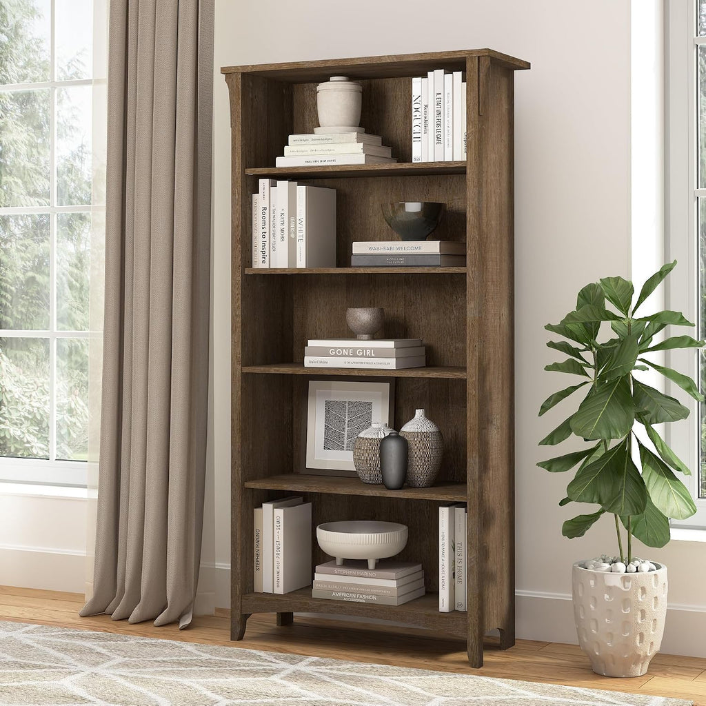 Bush Home Salinas 5 Shelf Bookcase in Ash Brown, Tall Bookshelf, Large Book Shelf for Living Room, Home Office, or Entryway