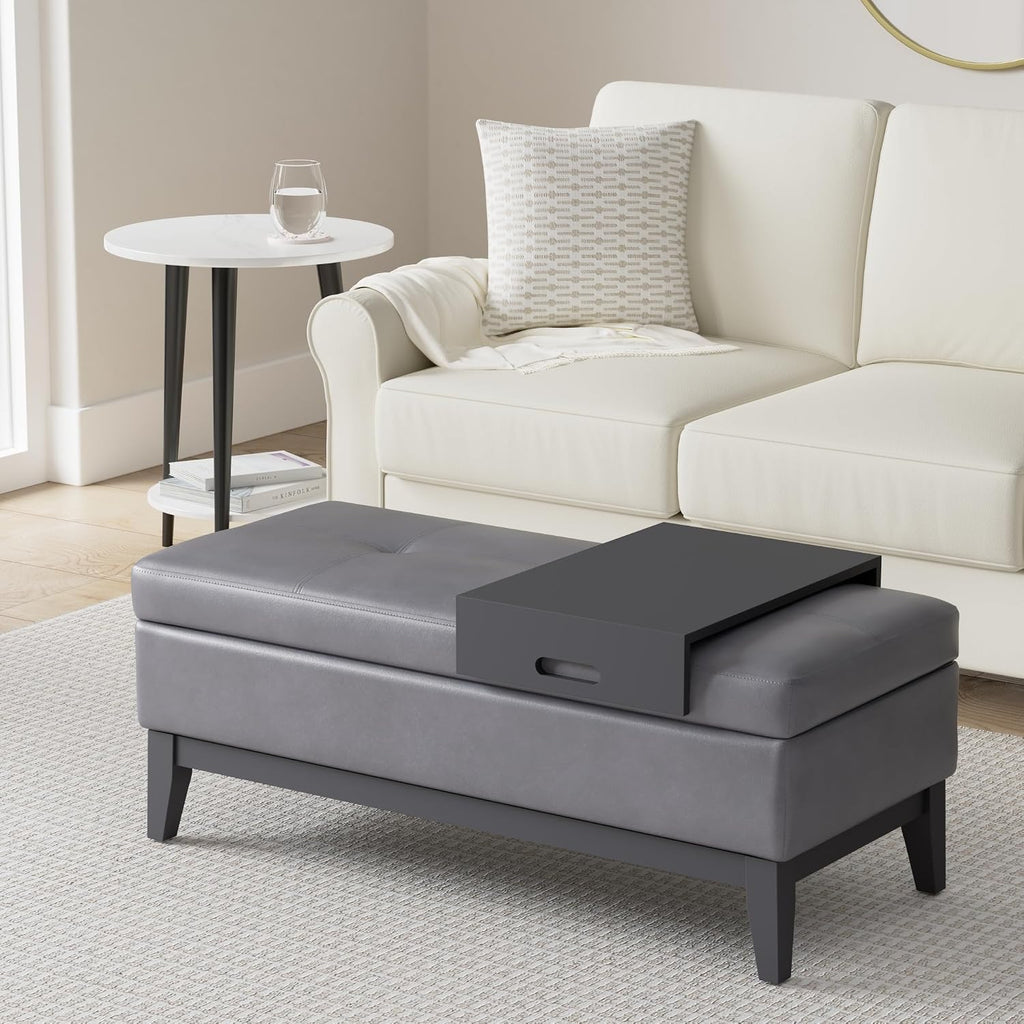 SIMPLIHOME Oregon Storage Ottoman Bench with Tray - 42 inch Wide Upholstered Vegan Leather Rectangle Storage Ottoman Bench in Stone Grey, Transitional Tufted Ottoman for Living Room with Lift-Up Lid