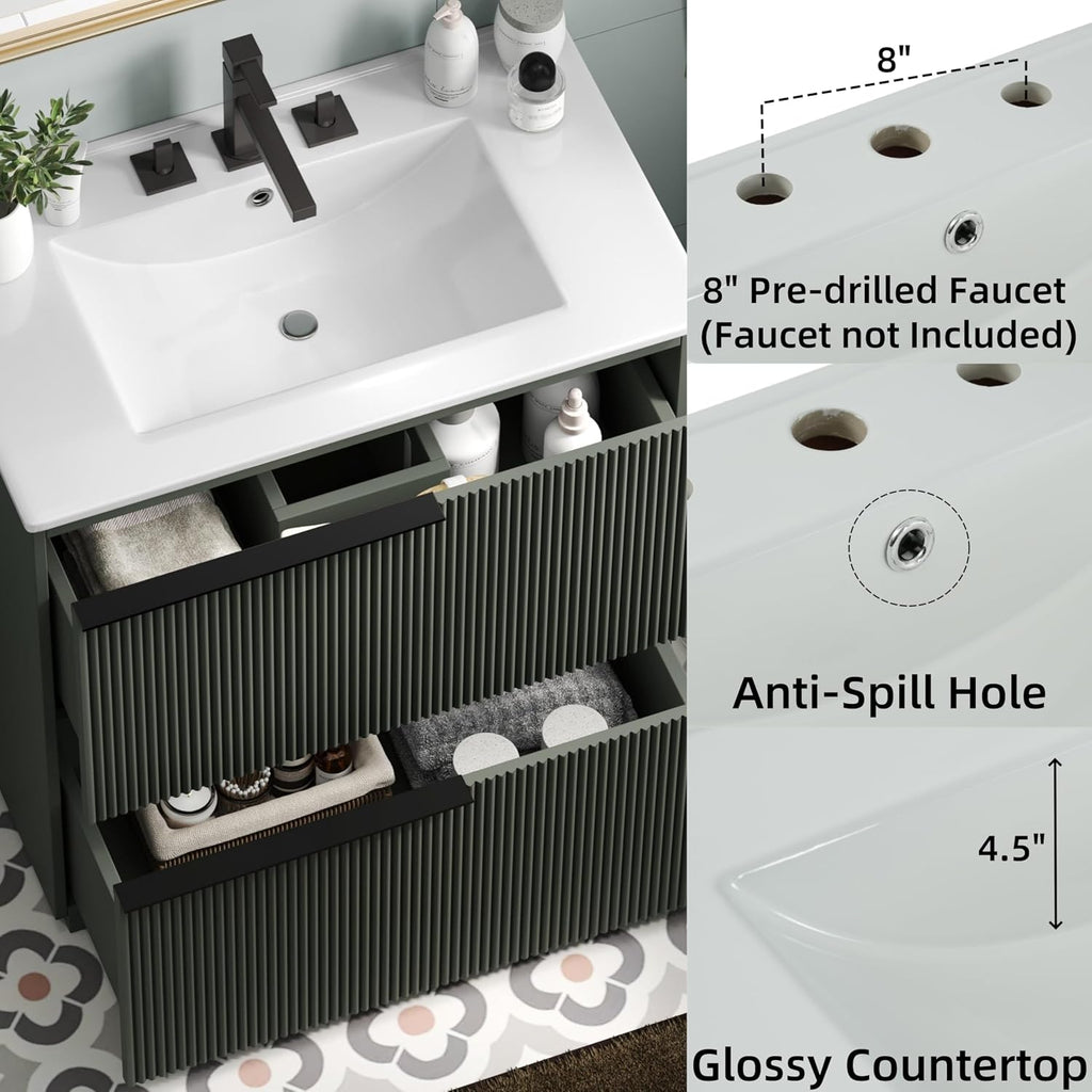 Christopher Knight Home Byron 30' Bathroom Vanity with Sink, Modern Freestanding Bathroom Sink Cabinet with Drawer, Undermount Vanity Sink Cabinet, Bathroom Storage Cabinet with Sink Combo Set, Green