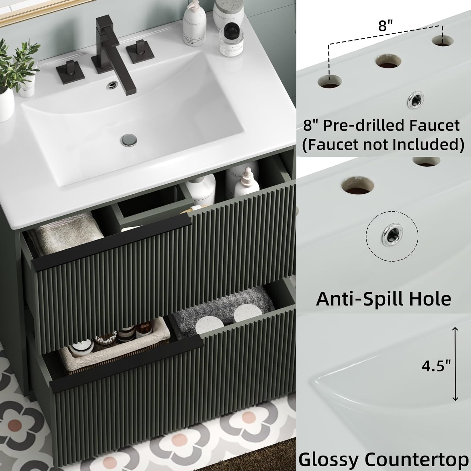 Christopher Knight Home Byron 30' Bathroom Vanity with Sink, Modern Freestanding Bathroom Sink Cabinet with Drawer, Undermount Vanity Sink Cabinet, Bathroom Storage Cabinet with Sink Combo Set, Green