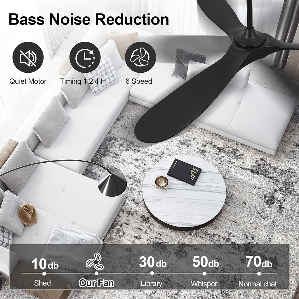 ABZ Ceiling Fans without Lights - 60 Inch Ceiling Fan no Light, Black 3 Blade Solid Wood Indoor Outdoor Ceiling Fan with Remote Control for Patios Living Room Bedroom