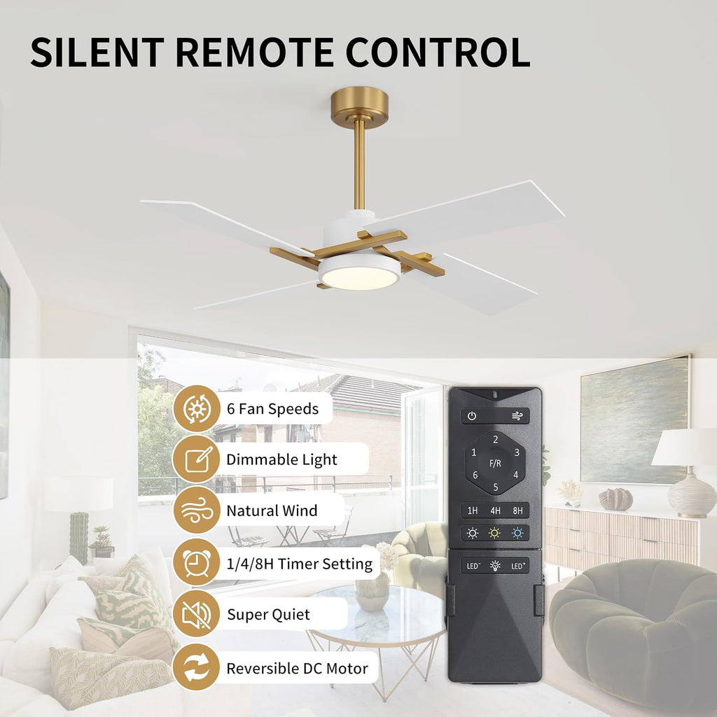 WINGBO 48 Inch Ceiling Fan with Light and Remote, 4 Plywood Blades, 6-Speed Reversible DC Motor, Dimmable, 3CCT, Farmhouse Ceiling Fan for Bedroom Living Room Kitchen, Brass and White/Oak