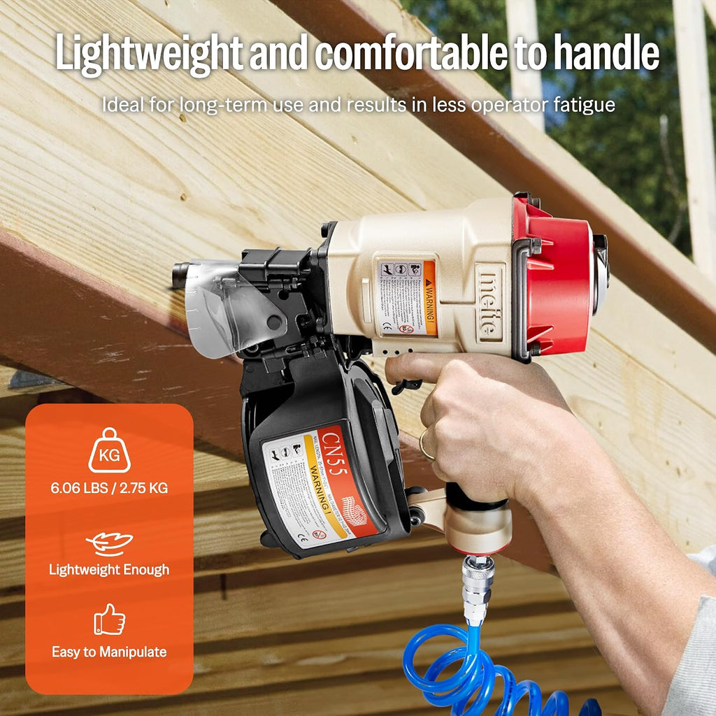 meite CN55 Coil Nailer Pneumatic Nail Gun 15 degree 1' to 2-1/4' Coil Nails, Heavy Duty Air Coil Nailer with Coil Nail Magazine 300PCS for Hardwood Projects Pallets Framing Sheathing