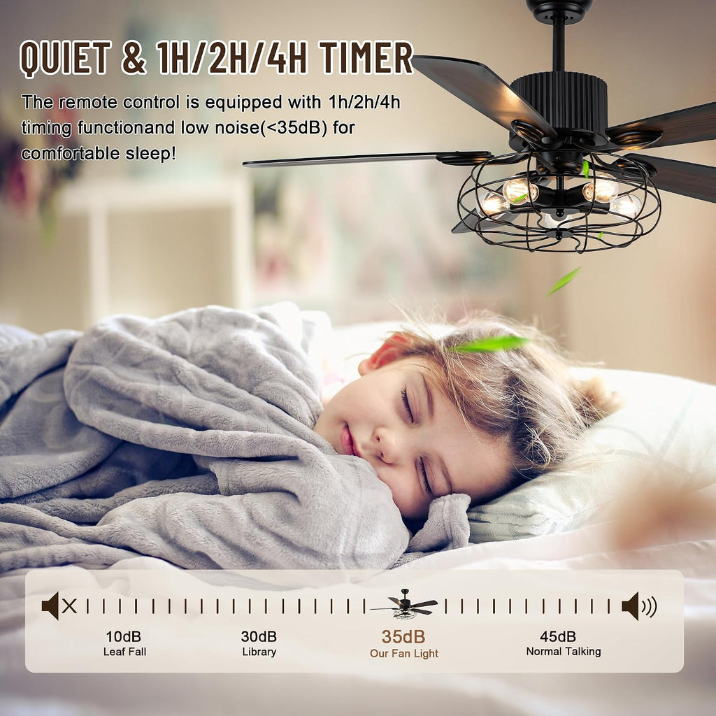 NA 52'' Retro Industrial Ceiling Fan with Iron Cage, Remote Control&Pull Chains, 5 Wood Reversible Blades, Vintage Pendant Light Fan for Bedroom/Living room/Dining room Black