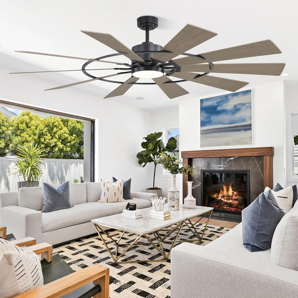 WINGBO 72' Windmill Ceiling Fan with Lights, 3 Downrod, 6-Speed Reversible DC Motor, 3CCT, 10 Blade Indoor Farmhouse DC Ceiling Fans for Kitchen Bedroom Living Room Patio, Matte Black and Grey