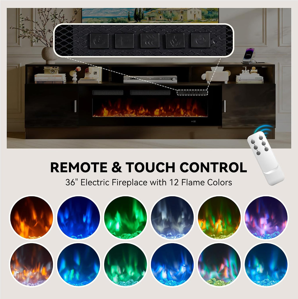 80' Fireplace TV Stand with Power Outlet, Electric Fireplace Entertainment Center with Storage Cabinets, Fits TVs up to 90', TV Console with LED Lights for Living Room, Office, Black-Black