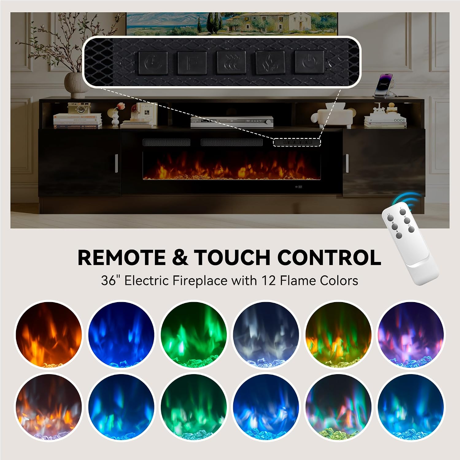 80' Fireplace TV Stand with Power Outlet, Electric Fireplace Entertainment Center with Storage Cabinets, Fits TVs up to 90', TV Console with LED Lights for Living Room, Office, Black-Black