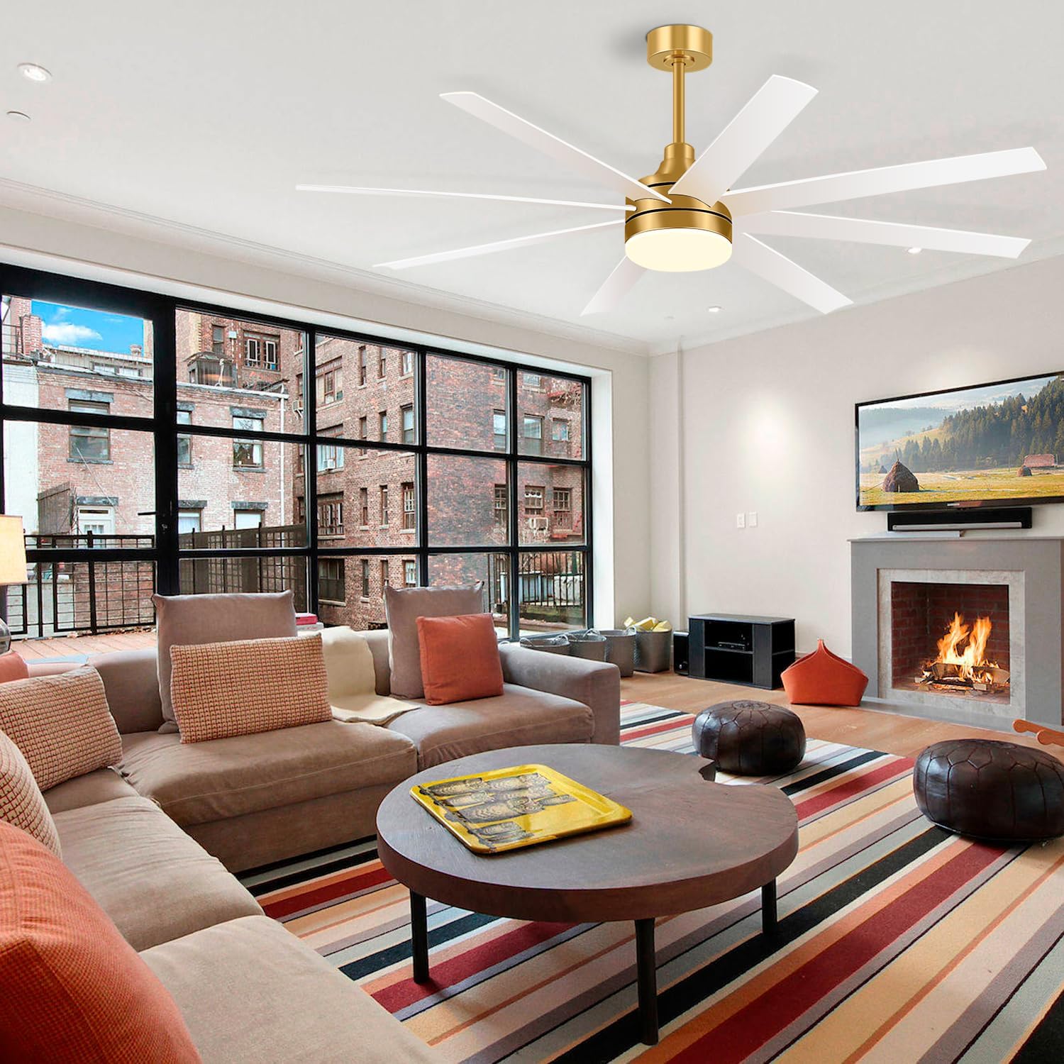 65 Inch Ceiling Fan with Lights and Remote, 8 ABS Blades, Quiet Reversible DC Motor, 6-Speed, Timer Function, 3 Color Led Light Chandelier, Industrial Ceiling Fans for Bedroom Office (Gold & White)