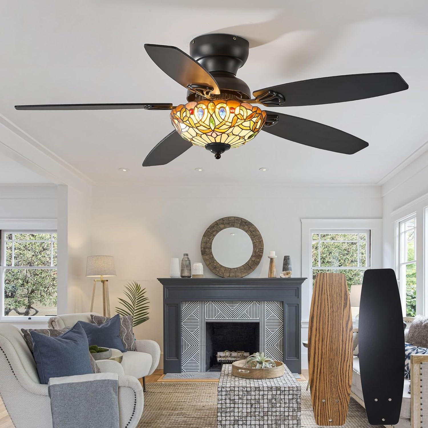 Tiffany Ceiling Fans with Lights - 48' Ceiling Fan Chandelier with 5 Dual-Blades and Glass Shade, 6 Speeds and Reversible, Indoor and Outdoor, Retro Style