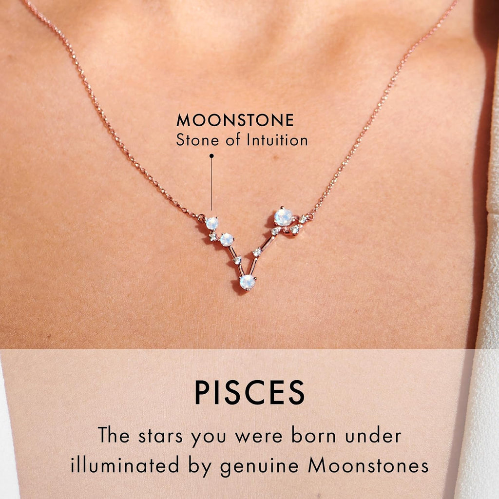Moon Magic Moonstone Zodiac Necklaces for Women | Constellation Necklace 925 Sterling Silver | 18k Rose and Yellow Gold Zodiac Sign Pendants | Authentic Real Dainty Moon Stone Jewelry for Women