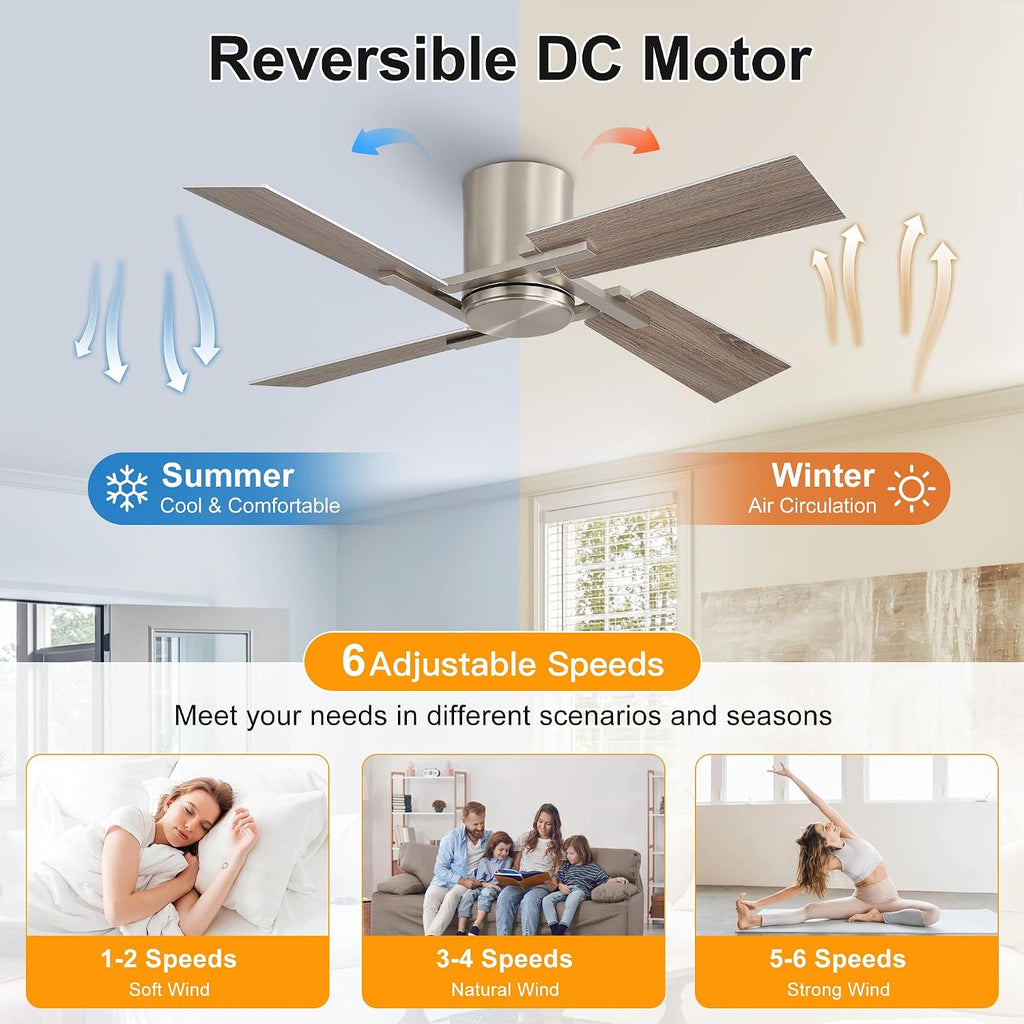WINGBO 48 Inch Flush Mount Ceiling Fan without Light - 4 Plywood Blades, 6-Speed Reversible DC Motor, Noiseless Low Profile Ceiling Fan No Light for Bedroom Living Room, Nickel and Silver/Gray