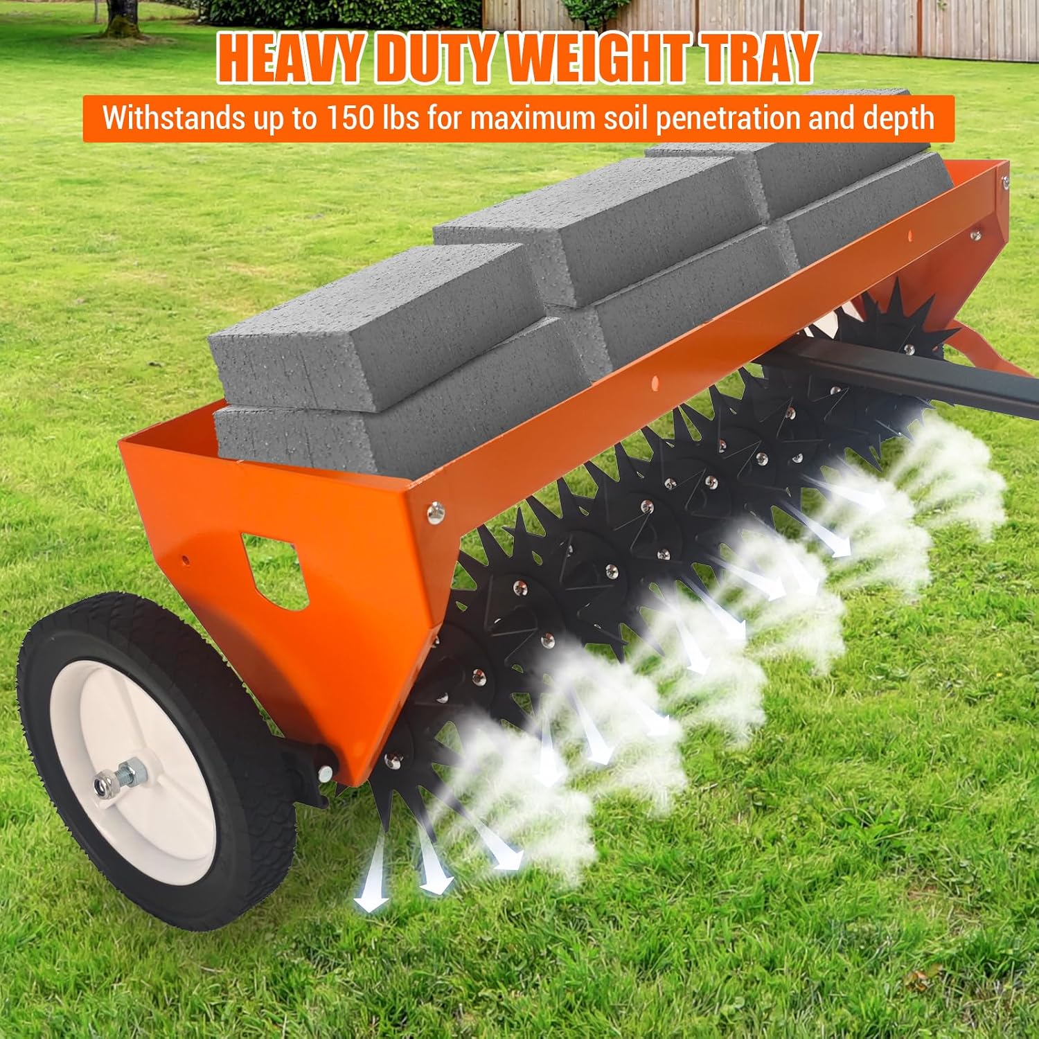 40 Inch Tow Behind Spike Aerator, Heavy Duty Lawn Aerator with Steel Teeth, Weight Tray & Transport Wheels for Garden, Farm Tractor, ATV – Durable Galvanized Steel Tines,Orange