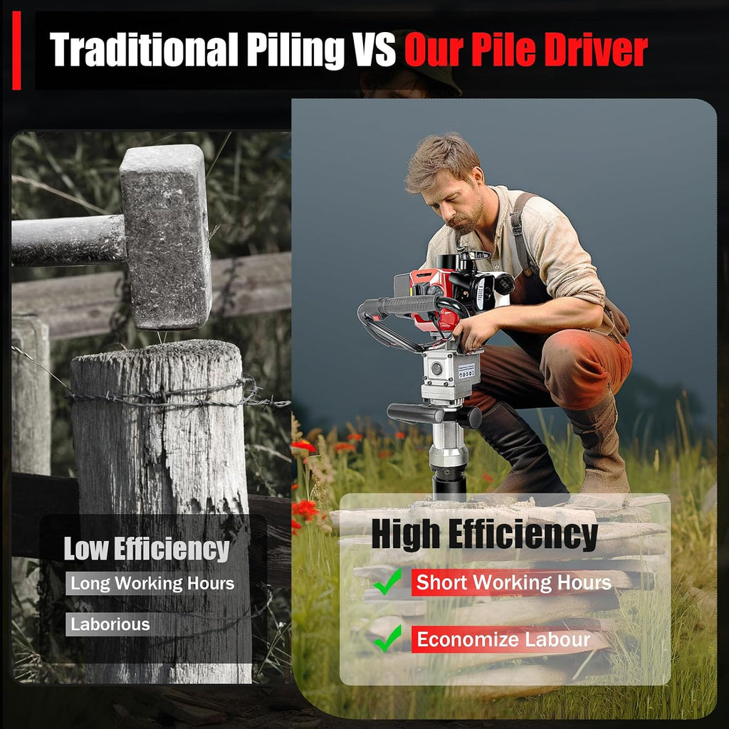32.6CC 2 Stroke Gas Powered T-Post Driver, 0.9KW Gas Post Pounder Pile Driver, Single Cylinder Air Cooled Fence Post Driver Hammer with Hand Pull Start & 0.23 Gal Fuel Tank for Gardening Road Fencing