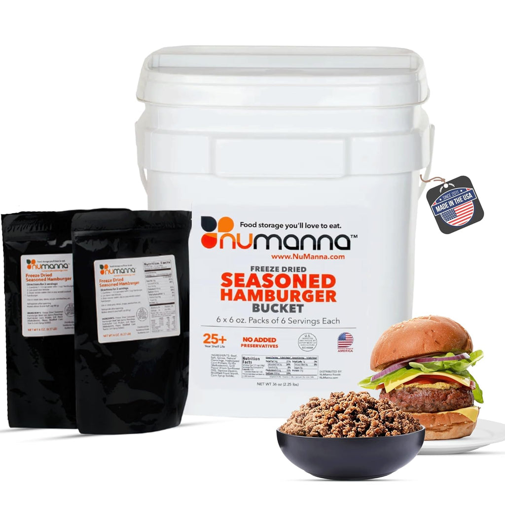 Numanna Freeze-Dried Seasoned Ground Beef Bucket 36 Servings | Over 25g Protein per Serving | Hamburger for Camping, Meal Prep, Pantry Staple, Emergency Survival | 25+ Year Shelf Life | Made in USA