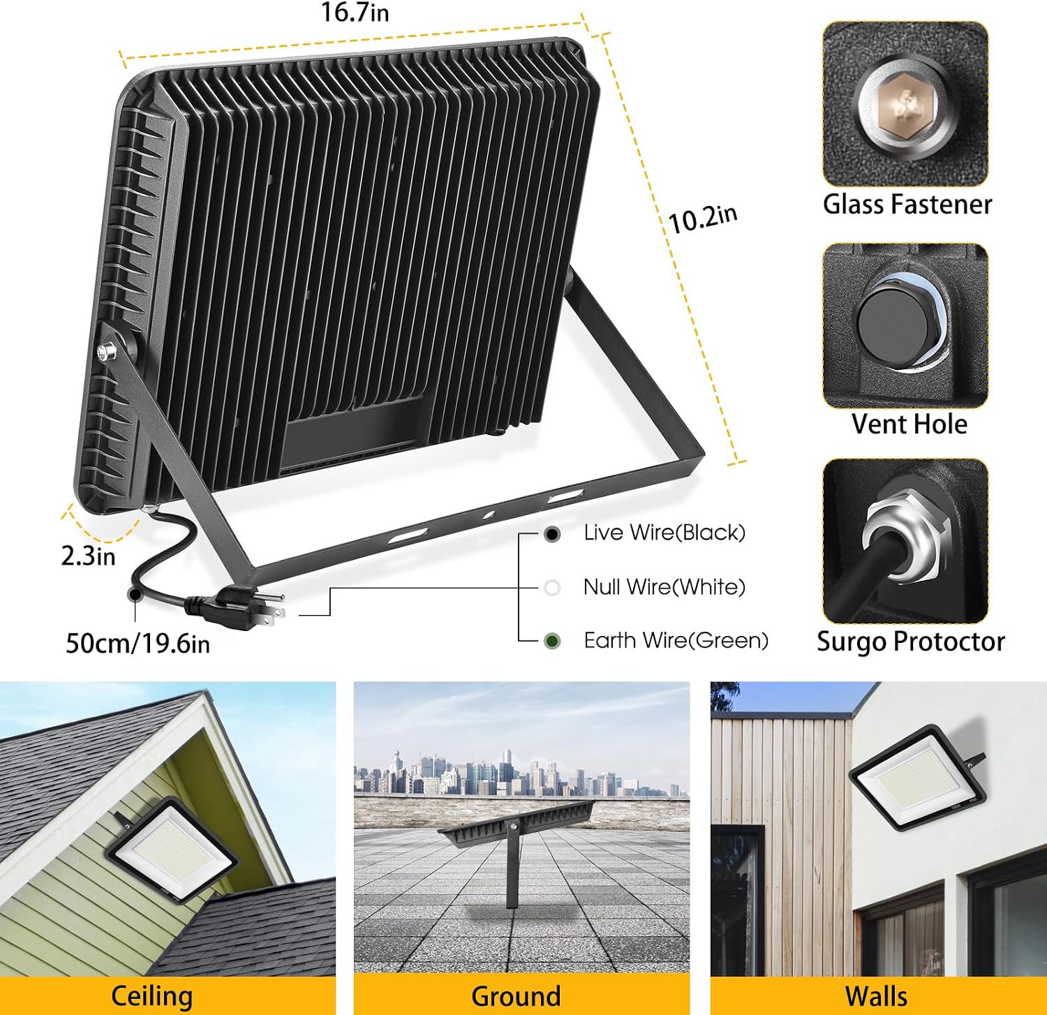 YANYCN 2 Pack 300W Warm White Led Flood Lights Outdoor,3000K Super Bright 43500LM Security Lights with Plug,Exterior IP66 Waterproof FloodLight for Basketball Court, Yard, Garden, Playground