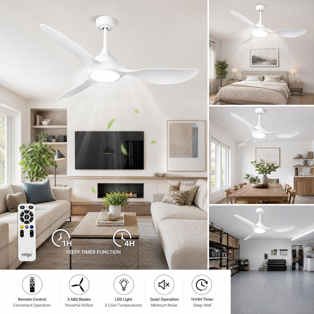 reiga 52 inch Ceiling Fans with Remote Control and Led Lights, Modern Quiet Reversible DC Motor Fan, 3 Blade High Flow for Living Room Bedroom, White