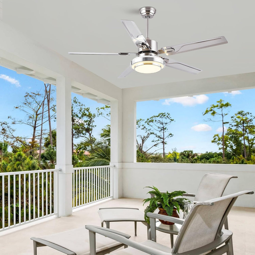 Modern Ceiling Fans with Lights Remote, 42'' Outdoor Ceiling Fan with Dimmable 3 Light Colors 3 Speed Reversible DC Motor, 5 Stainless Steel Blades Fandelier for Patio Porch Living Room