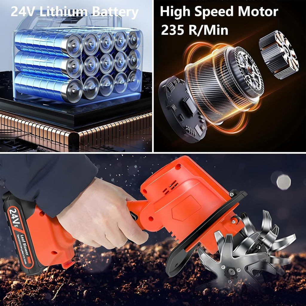 24V Cordless Small Tiller Cultivator,Mini Tiller for Gardening Electric Garden Tiller,235 RPM,4Inch Tilling Depth,with 2 * 1.5Ah Batteries & Charger,Portable Garden Rototiller