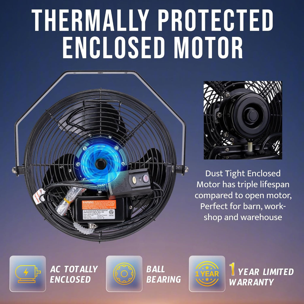 Tornado 2 Pack 12 Inch Outdoor Rated IPX4 Water-Resistant High Velocity Metal Industrial Wall Mount Fan For Commercial, Industrial, Residential, TEAO Motor 3 Speed 1650 CFM, cETL Safety Listed