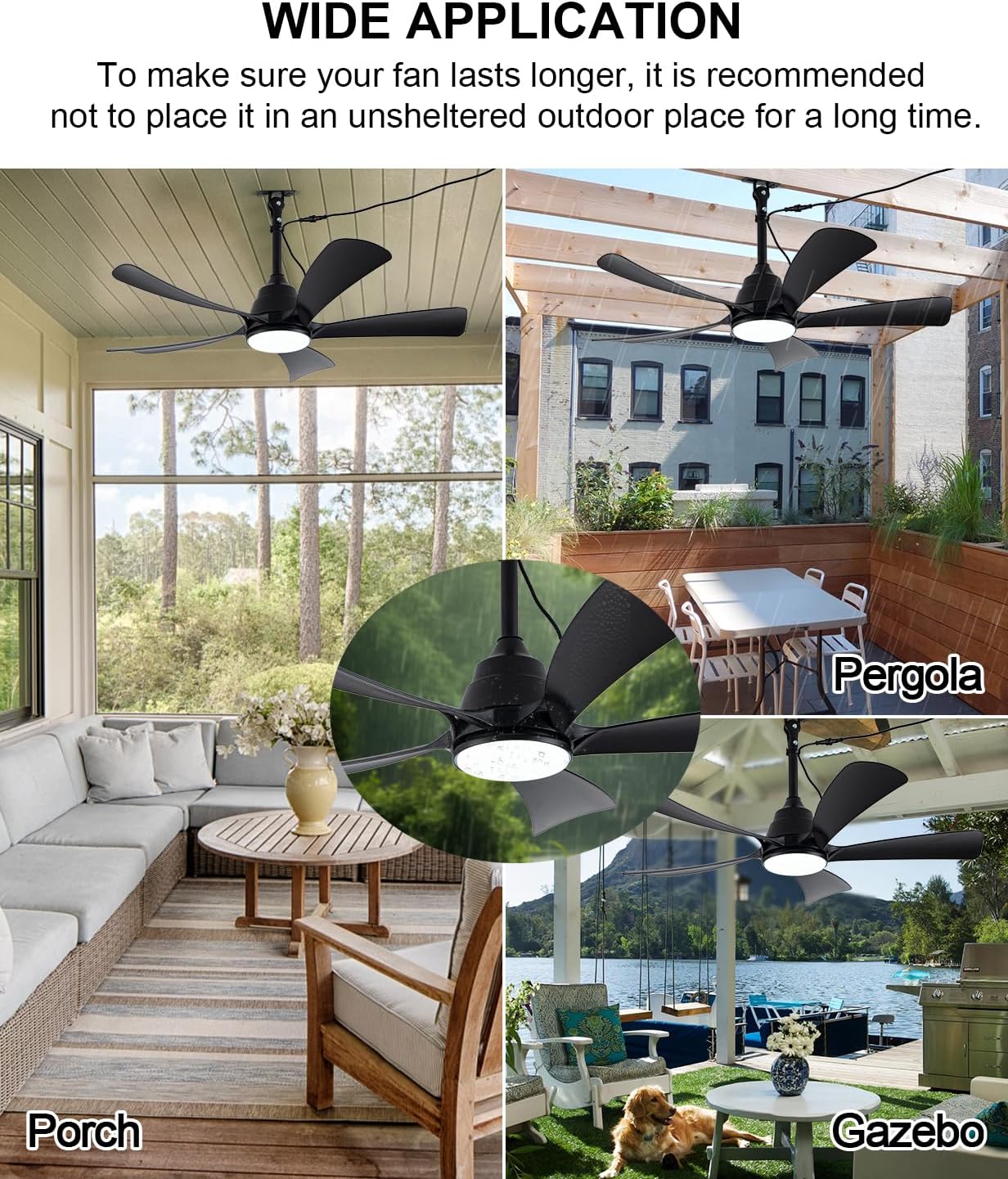 42' Outdoor Waterproof Ceiling Fan with 3 Color LED Light,App/Remote Control,Quiet DC Motor,Plug-in Cord Hook Installation,IP65 Gazebo Ceiling Fan with Light for Patios,Pergola,Canopy