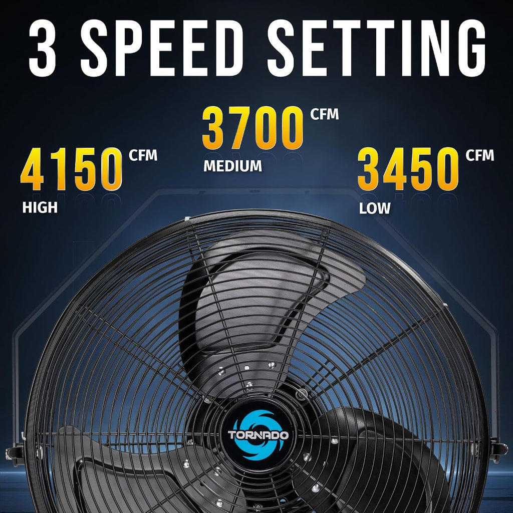 Tornado 18 Inch Outdoor Rated IPX4 Water-Resistant High Velocity Metal Industrial Wall Mounted Fan For Commercial, Industrial, Residential Use 3 Speed 4150 CFM 6.6 FT Cord UL Safety Listed