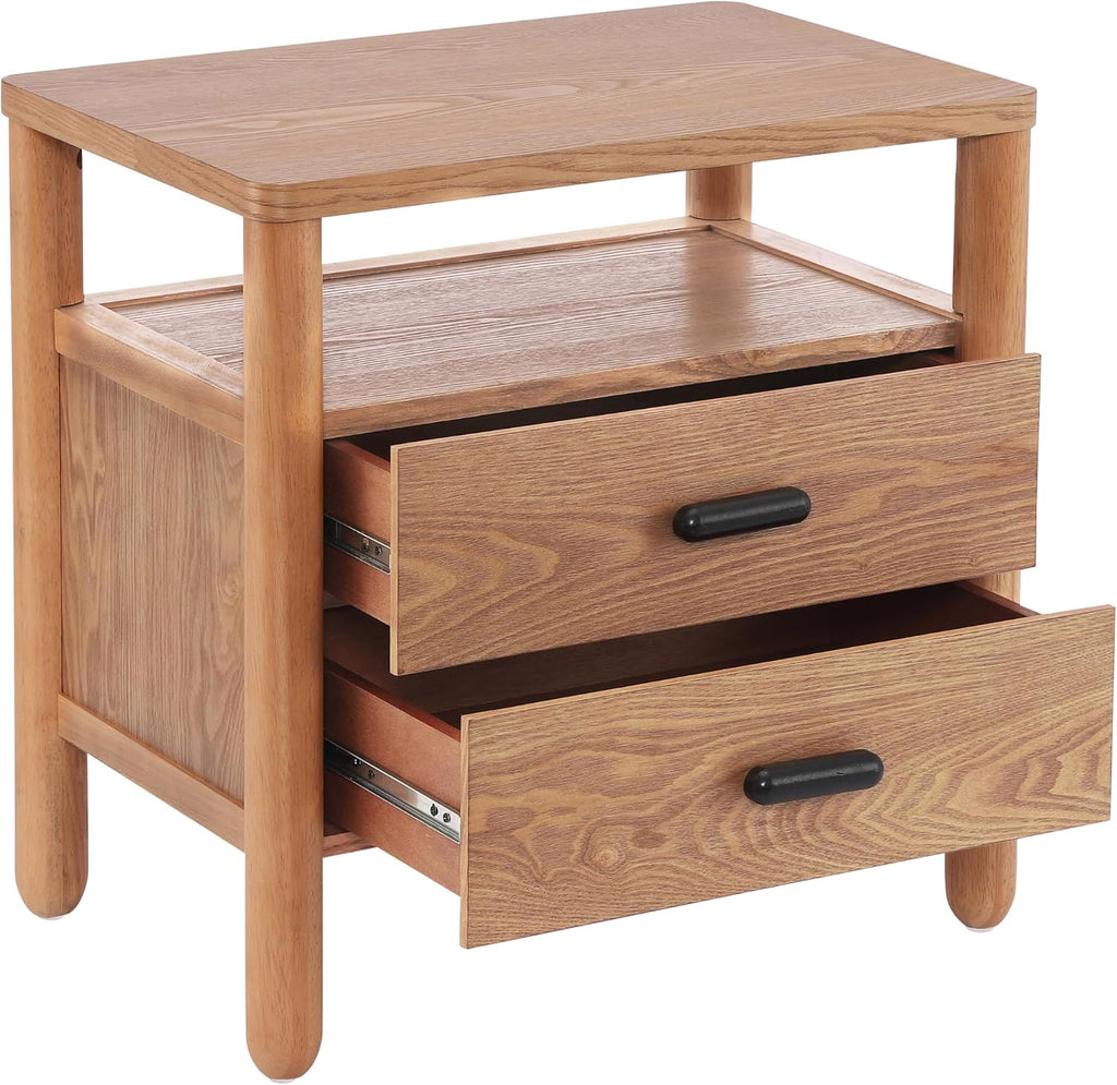 Christopher Knight Home Delwyn Modern Nightstand, Wooden Small Night Stand with Drawers and Open Storage Shelf, Bedside Table/End Table with Rounded Legs, Multipurpose Storage Cabinet, Brown