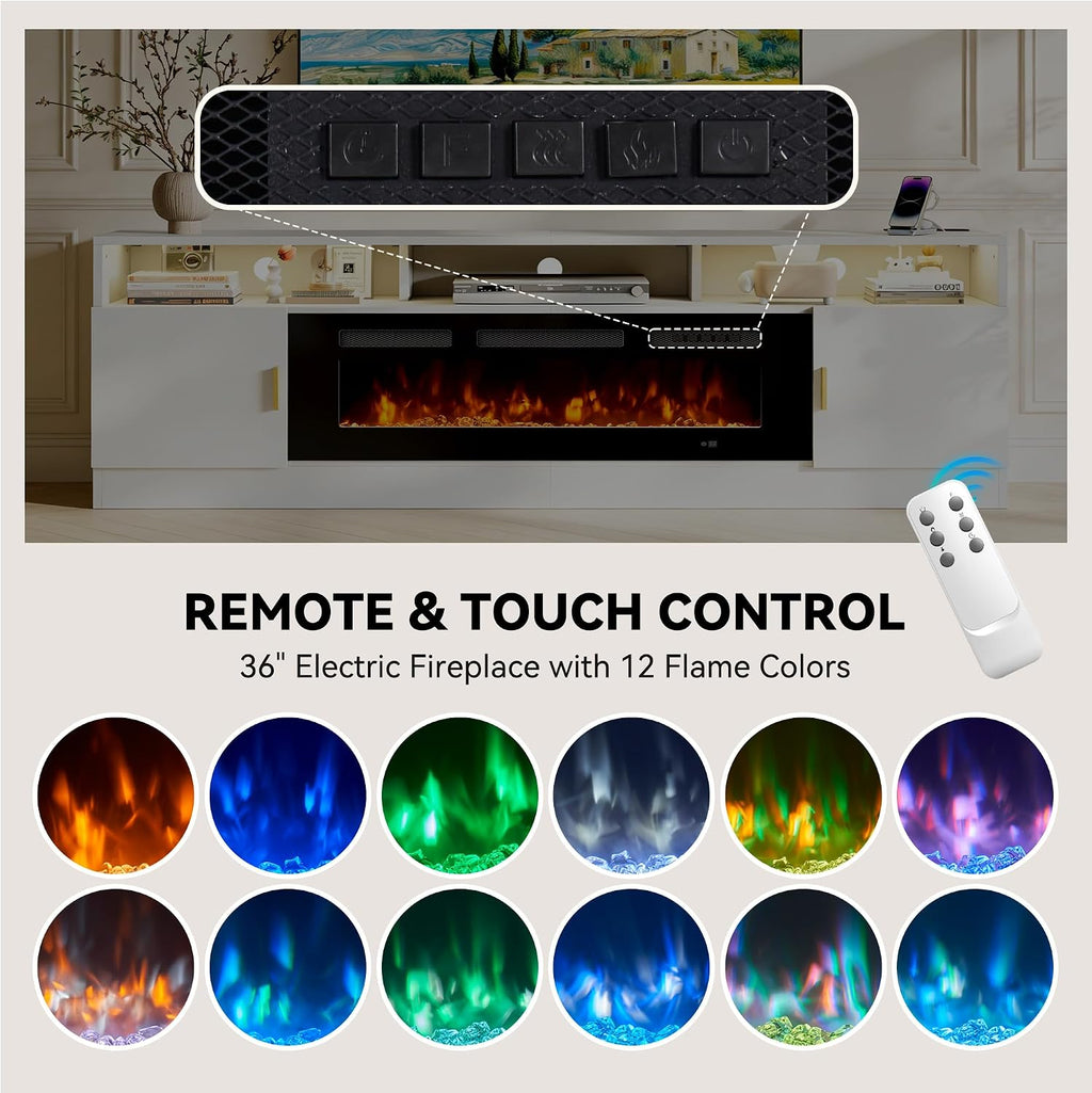 80' Fireplace TV Stand with Power Outlet, Electric Fireplace Entertainment Center with Storage Cabinets, Fits TVs up to 90', TV Console with LED Lights for Living Room, Office, White-Black