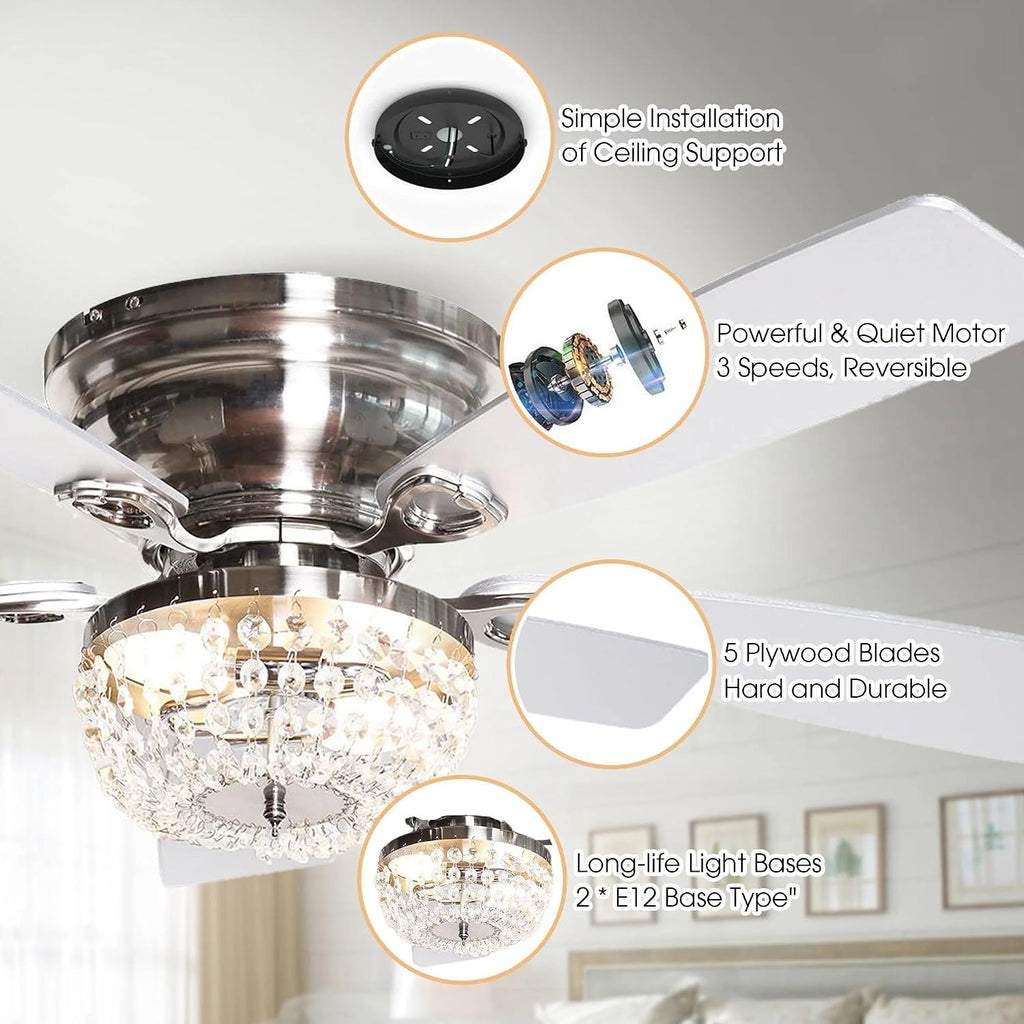 48 Inch Low Profile Ceiling Fan with Light: Farmhouse Caged Fandelier, Crystal Flush Mount Ceiling Fan with Remote, Indoor/Outdoor Use for Patios Living Room Bedroom, Silver
