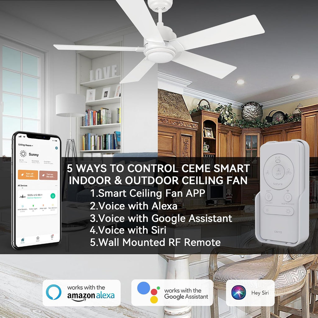 CEME Smart 60' Ceiling Fans with Lights, 3 Light Colors Dimmable, 10 Speeds DC Ceiling Fan with Remote, Outdoor Ceiling Fan Compatible with Alexa, Siri & Google Home, White