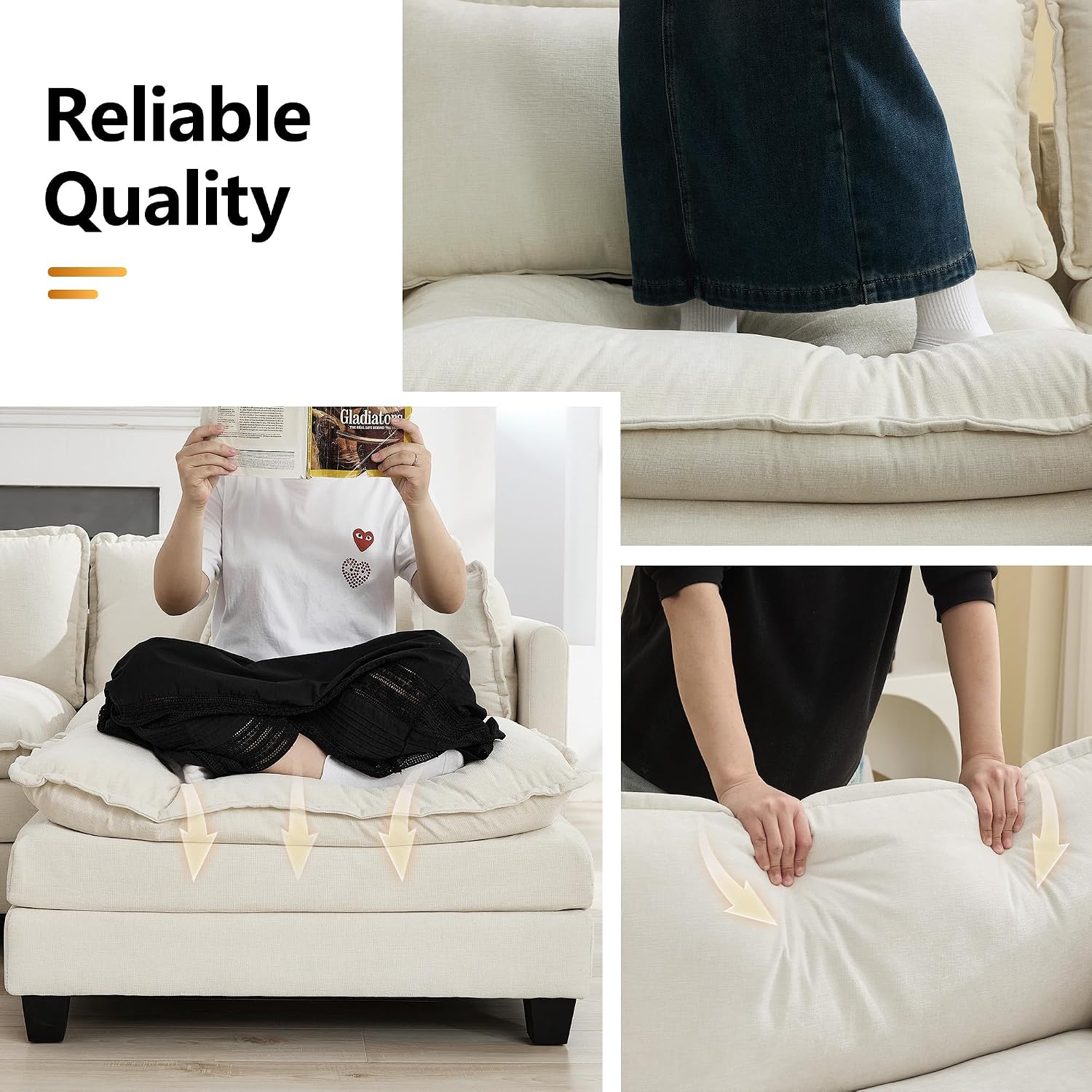 111'' Sectional Cloud Deep Seat Couch, Modern Comfy Chenille L Shaped Sectional Sofa for Living Room Set, Upholstered Modular 4-Seats Sofa Couch with Movable Ottoman, Beige